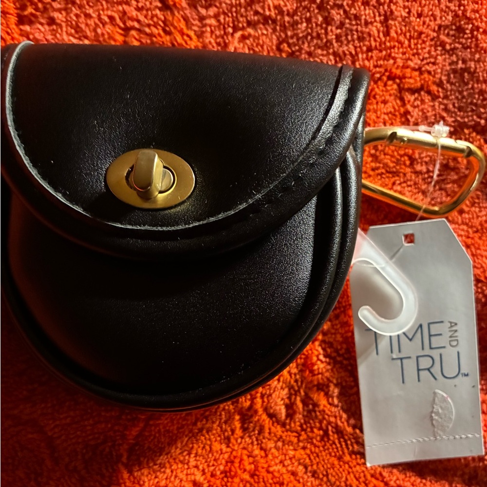 Black Round Leather Coin Pouch with Gold Hardware